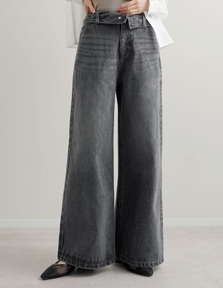 折り返しウエストワイドデニムパンツ