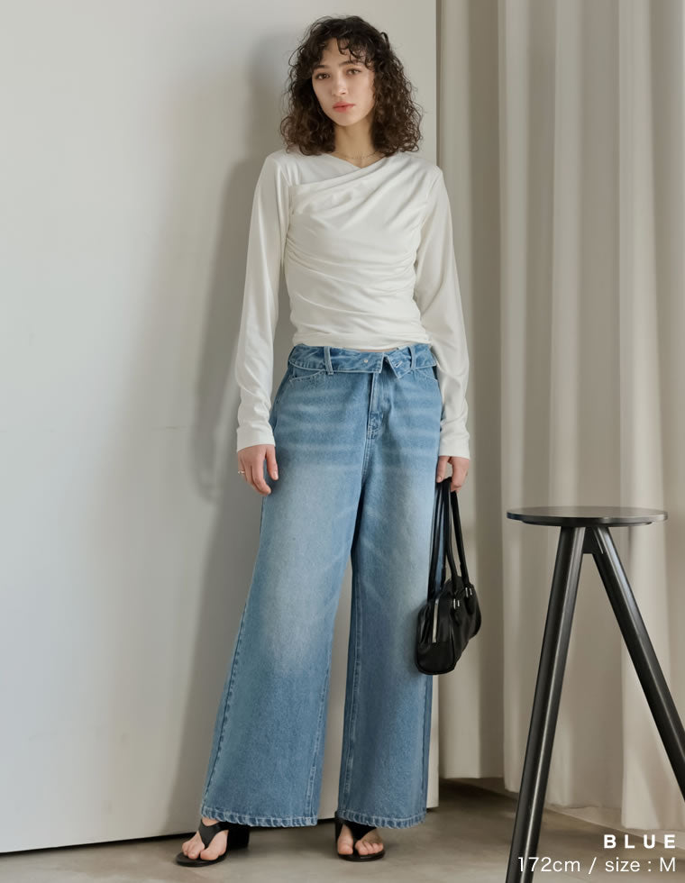 折り返しウエストワイドデニムパンツ