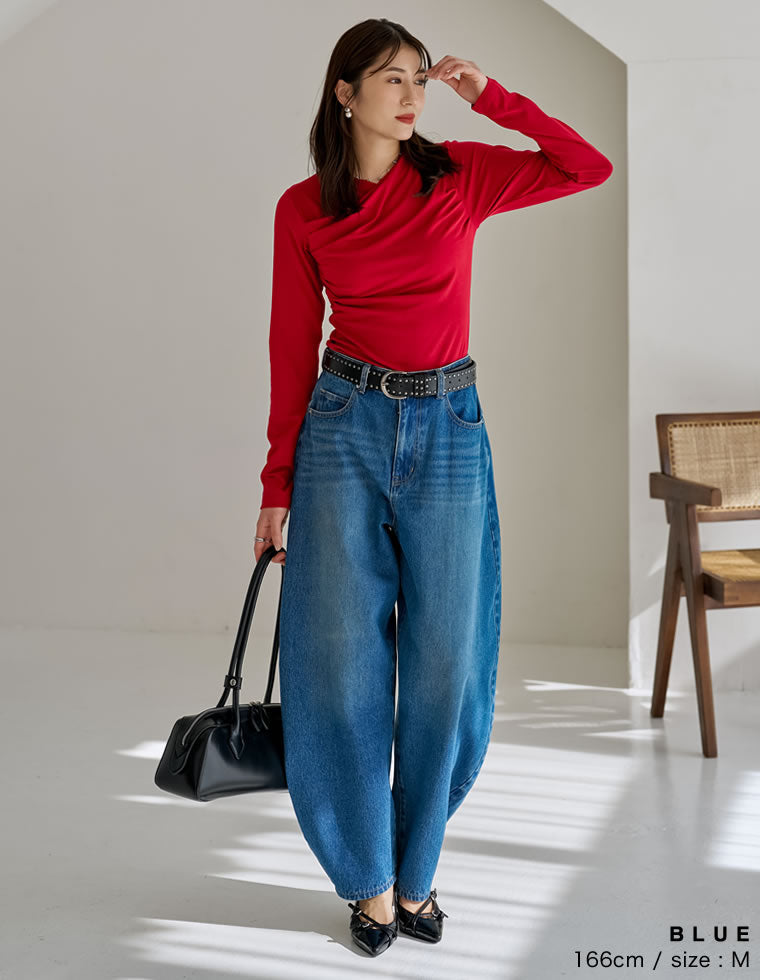 コットンブレンドバルーンワイドデニムパンツ