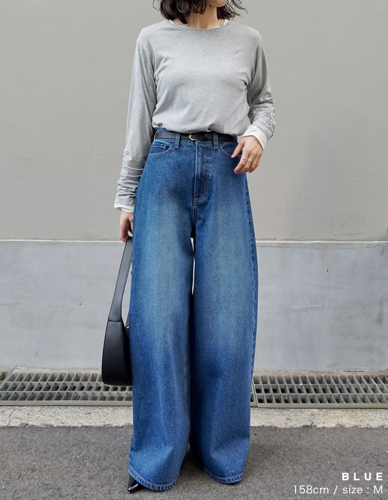 コットンブレンドルーズフィットバギーデニムパンツ